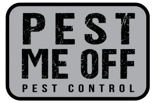 Company logo of Pest Me Off, a pest control service. Features black letters on a grey background.