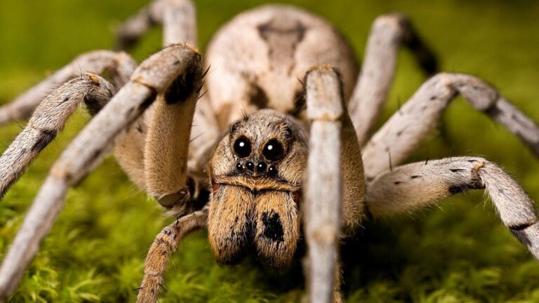 A wolf spider hunting its prey in the lush green grass, captured by Pest Me Off pest control services.