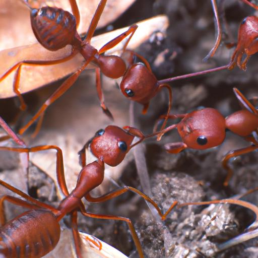 Closeup image of three fire ants communicating, provided by Pest Me Off pest control company specializing in ant extermination services.