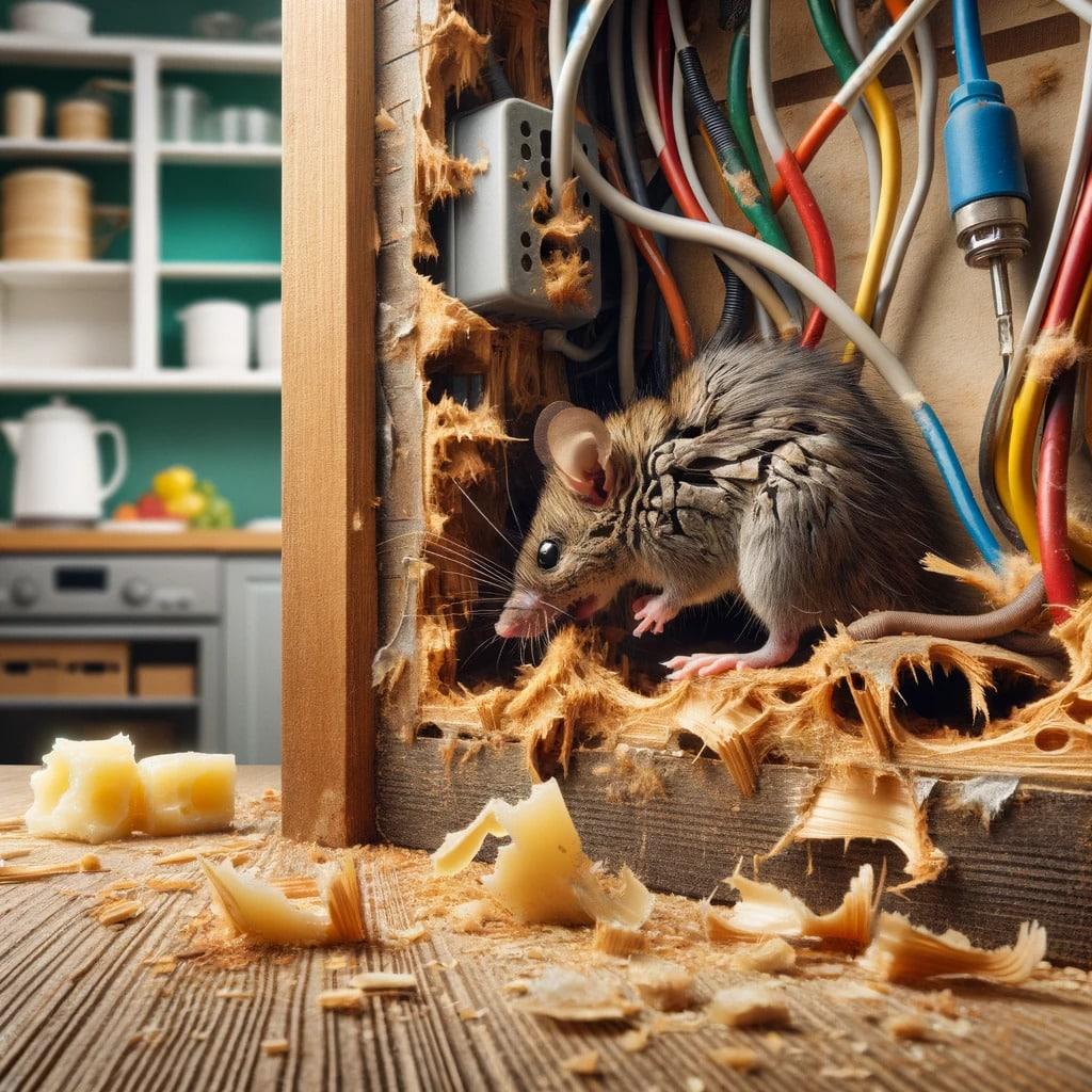 A roof rat nibbling on cheese close to an electric wire, illustrating the pest control services provided by Pest Me Off pest control company.