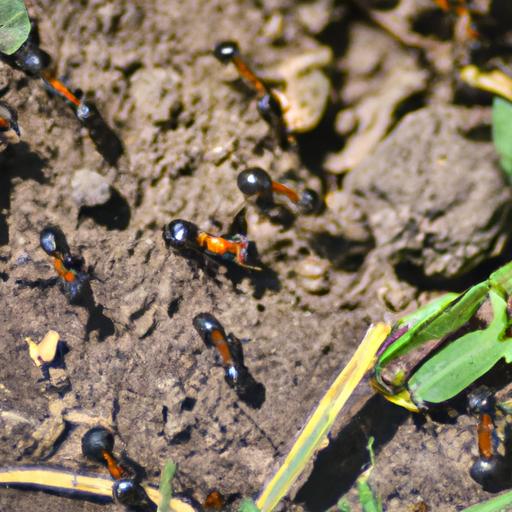 Harvest ants busily working near leaves in dirt, demonstrating a common pest issue handled by Pest Me Off pest control company