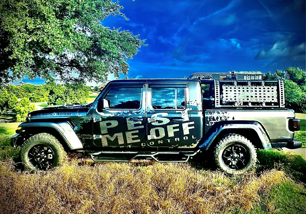 Pest Me Off branded service truck on a McKinney TX route - TX TPCL #0937184