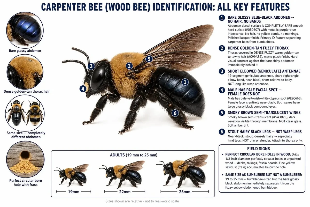 Annotated carpenter bee diagram showing shiny black body toward rear, hairy midsection, and round entry hole with yellowish sawdust below