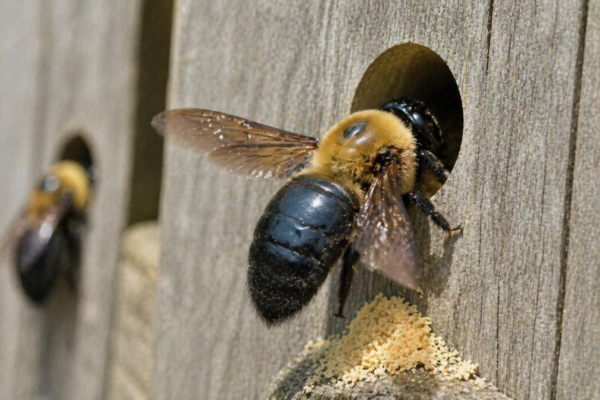 Carpenter bee hovering near round entry hole bored into unpainted cedar fascia board in North Texas