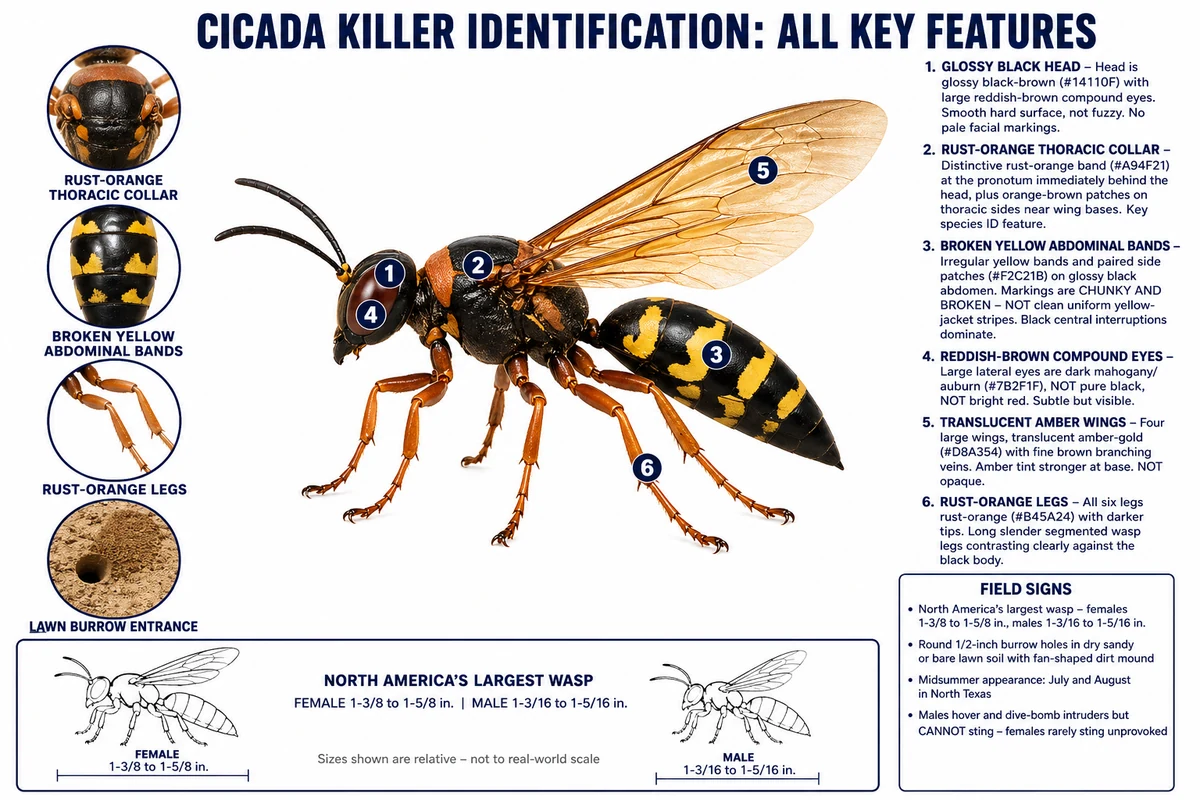 Annotated cicada killer showing rusty head, large amber wings, yellow and black abdomen, and large legs
