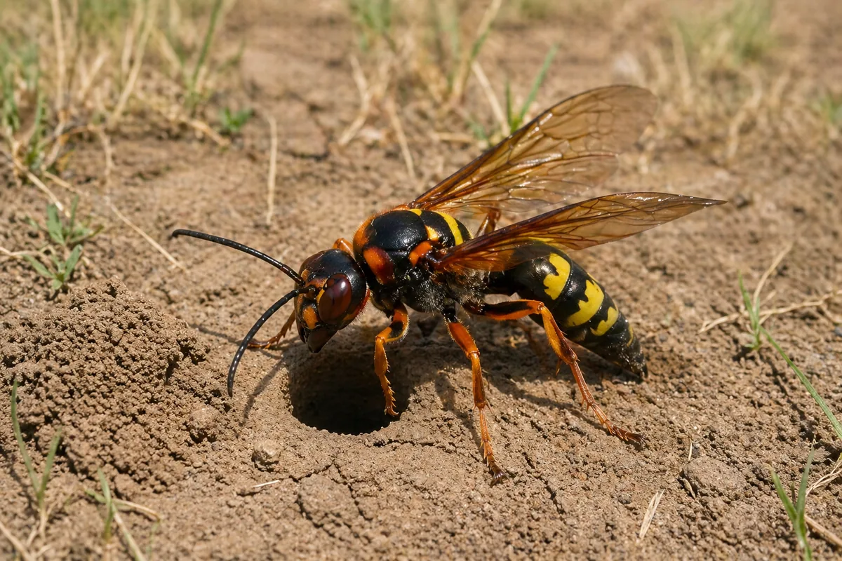 Female cicada killer wasp at burrow entrance in dry lawn soil in Collin County Texas