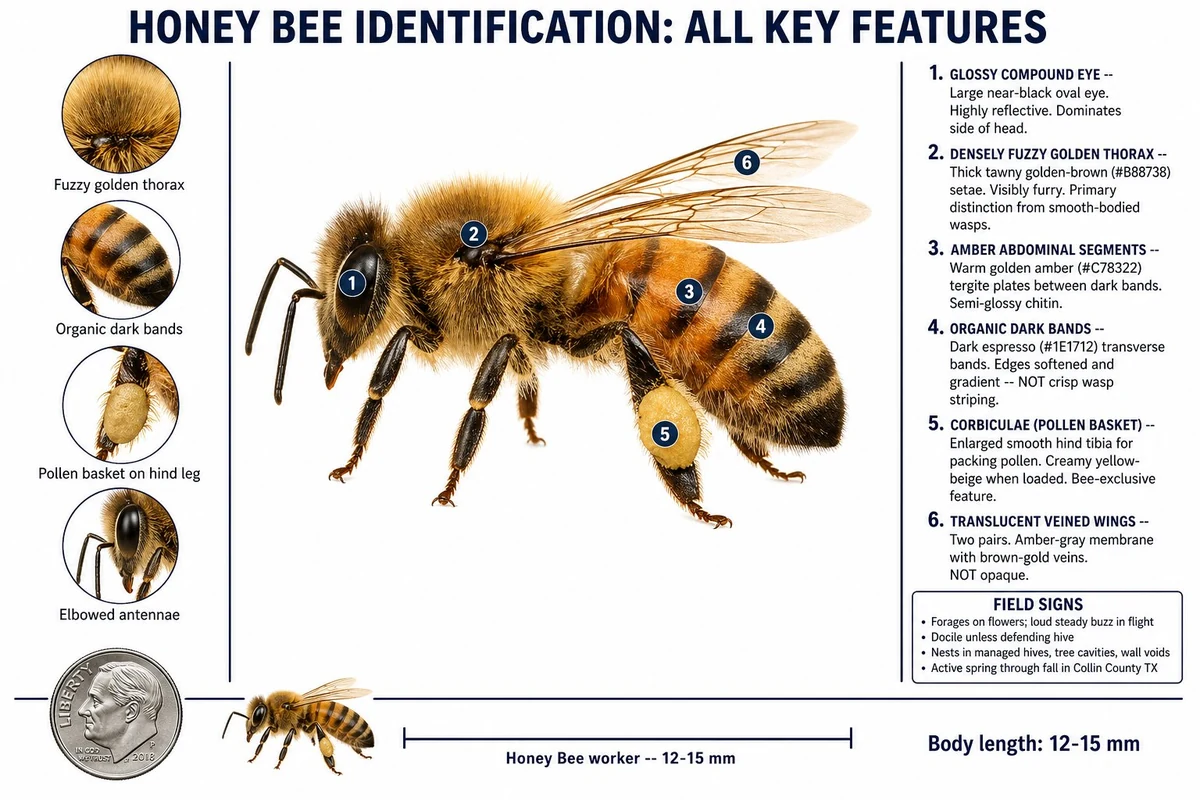 Annotated honey bee showing fuzzy body, pollen basket on hind leg, banded abdomen, and size comparison to yellowjacket
