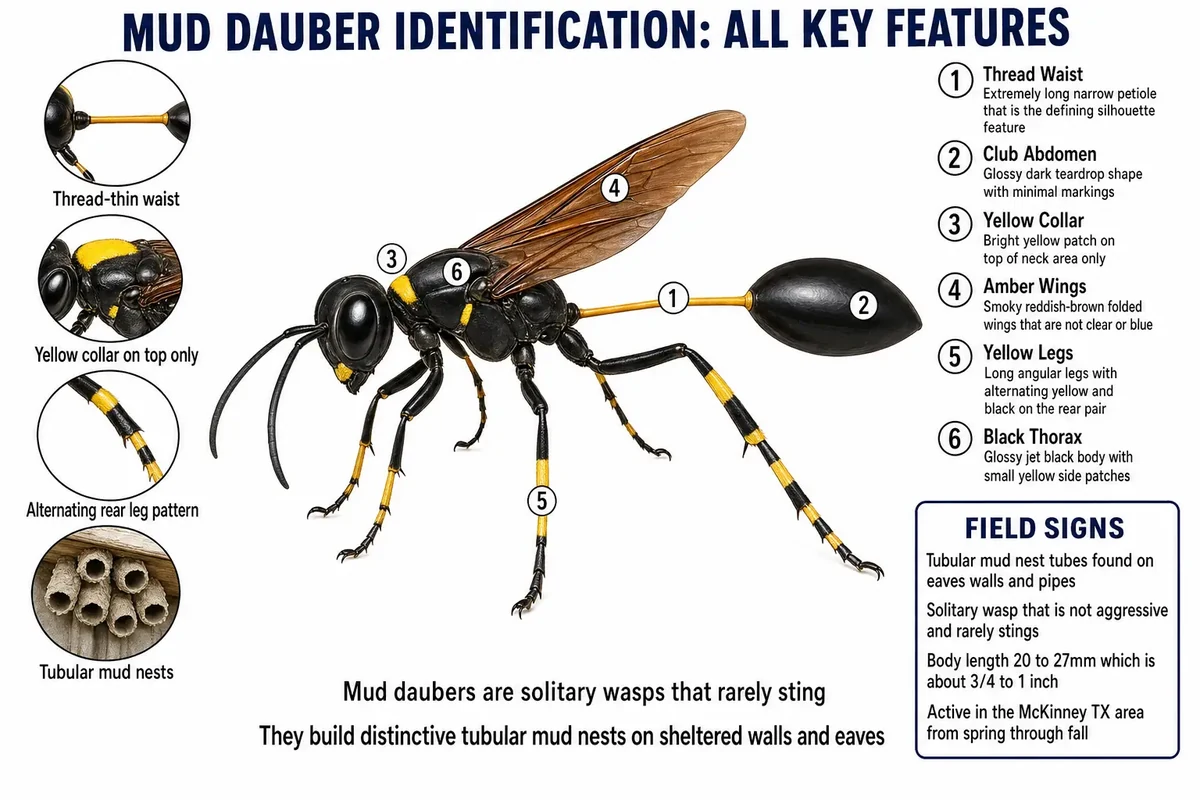 Annotated mud dauber showing thread waist petiole, narrow abdomen, and mud tube nest attachment