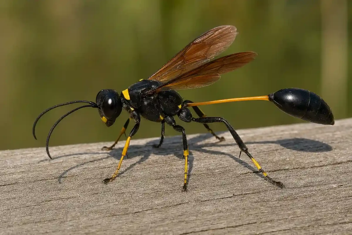 Yellow-and-black mud dauber building mud tube nest on exterior wall of Collin County home