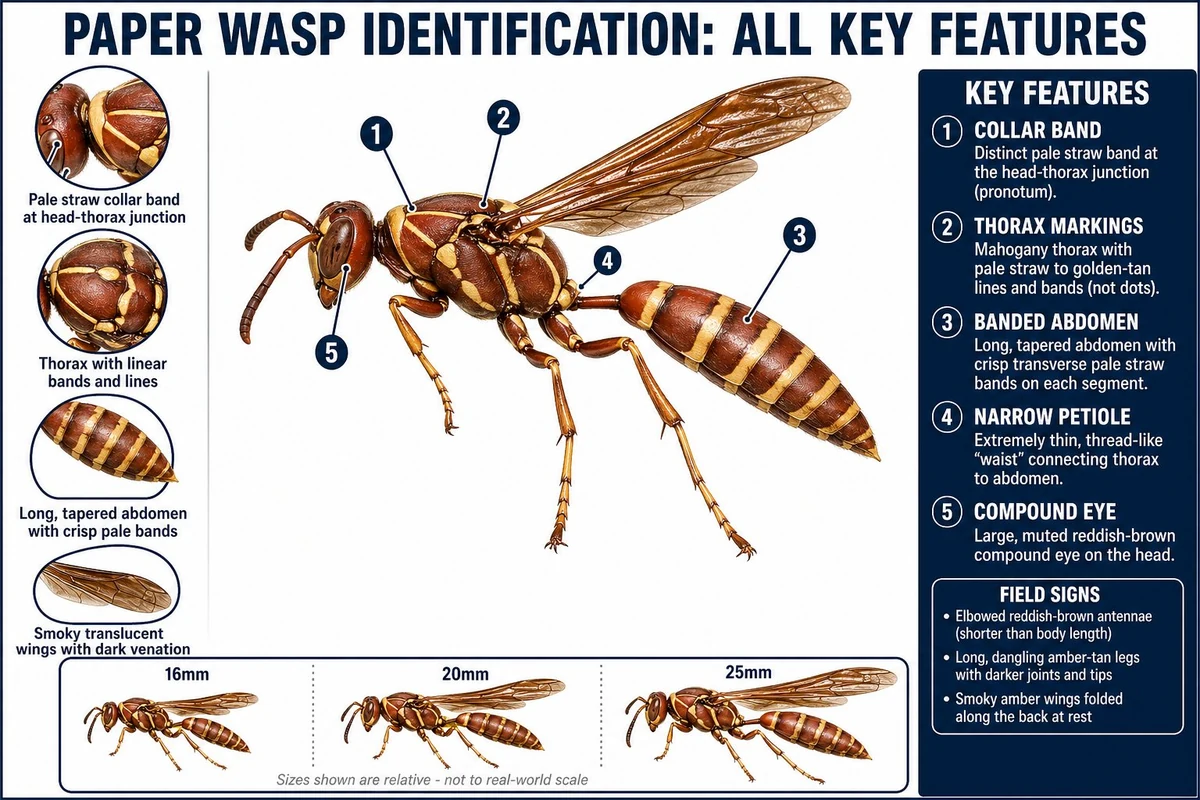 Annotated paper wasp showing narrow waist, long dangling legs, and open comb nest attachment point