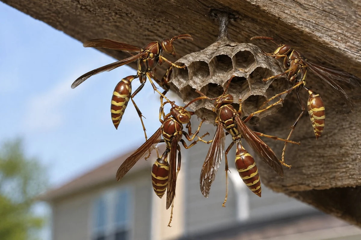 Paper wasp adult on open umbrella-shaped nest on home eave in Collin County Texas