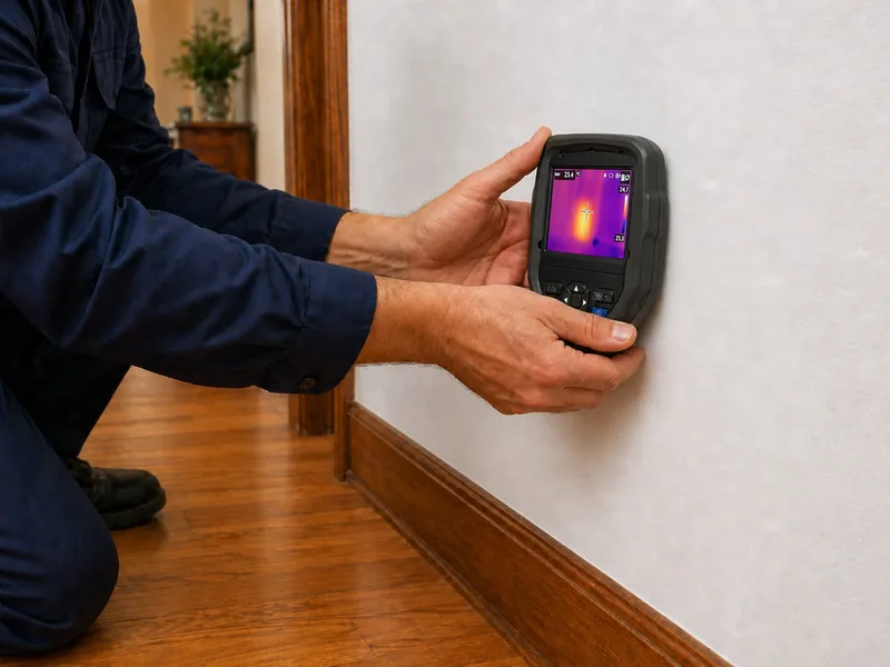 Pest Me Off technician pressing thermal detection device against interior wall to scan for termite activity during McKinney TX termite inspection