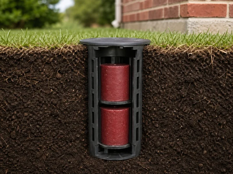Trelona ATBS termite bait station cross-section showing two red bait cartridges installed in soil at McKinney TX home foundation