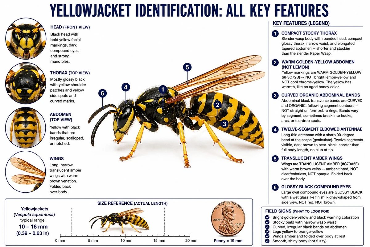 Annotated yellowjacket showing stocky body, blocky head, short legs, and bright yellow and black banding