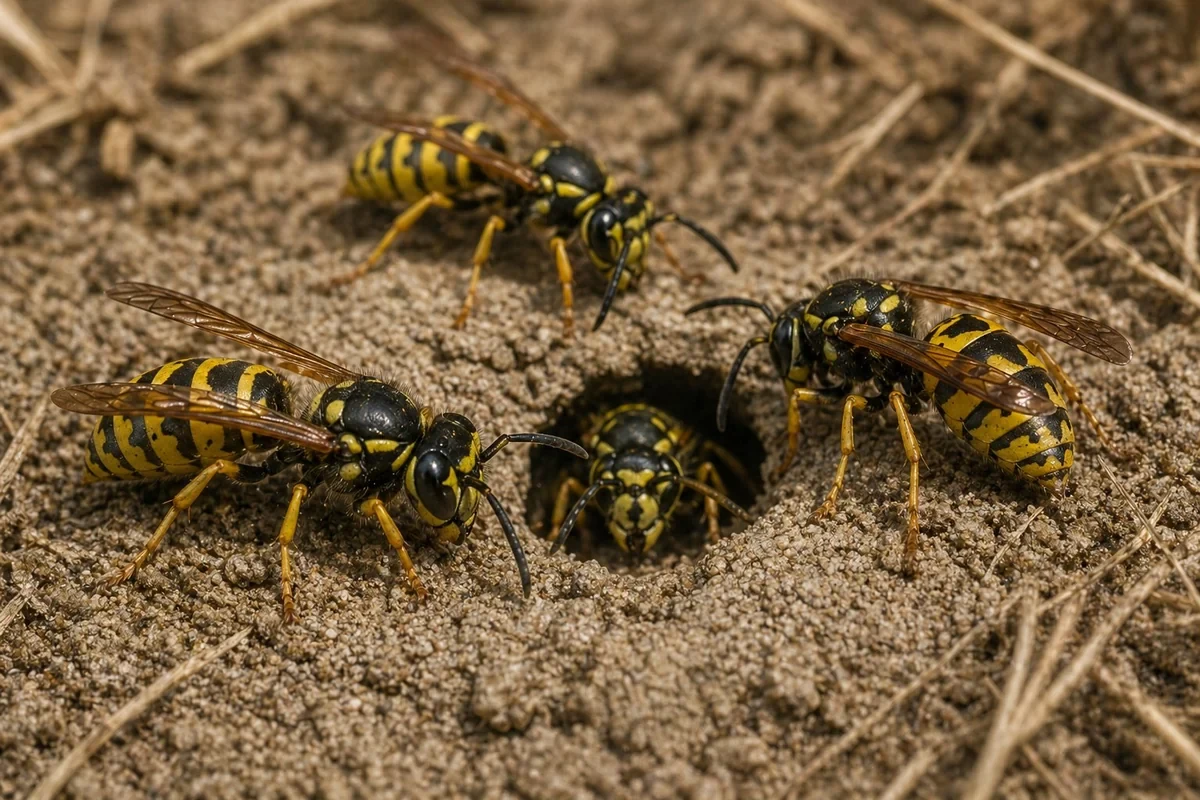Yellowjacket worker at ground nest entry hole in Collin County Texas lawn