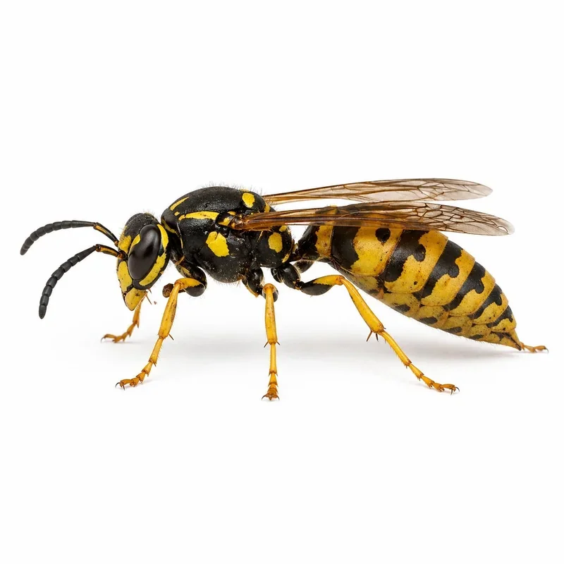 Yellowjacket worker showing stocky yellow and black body with no dangling legs