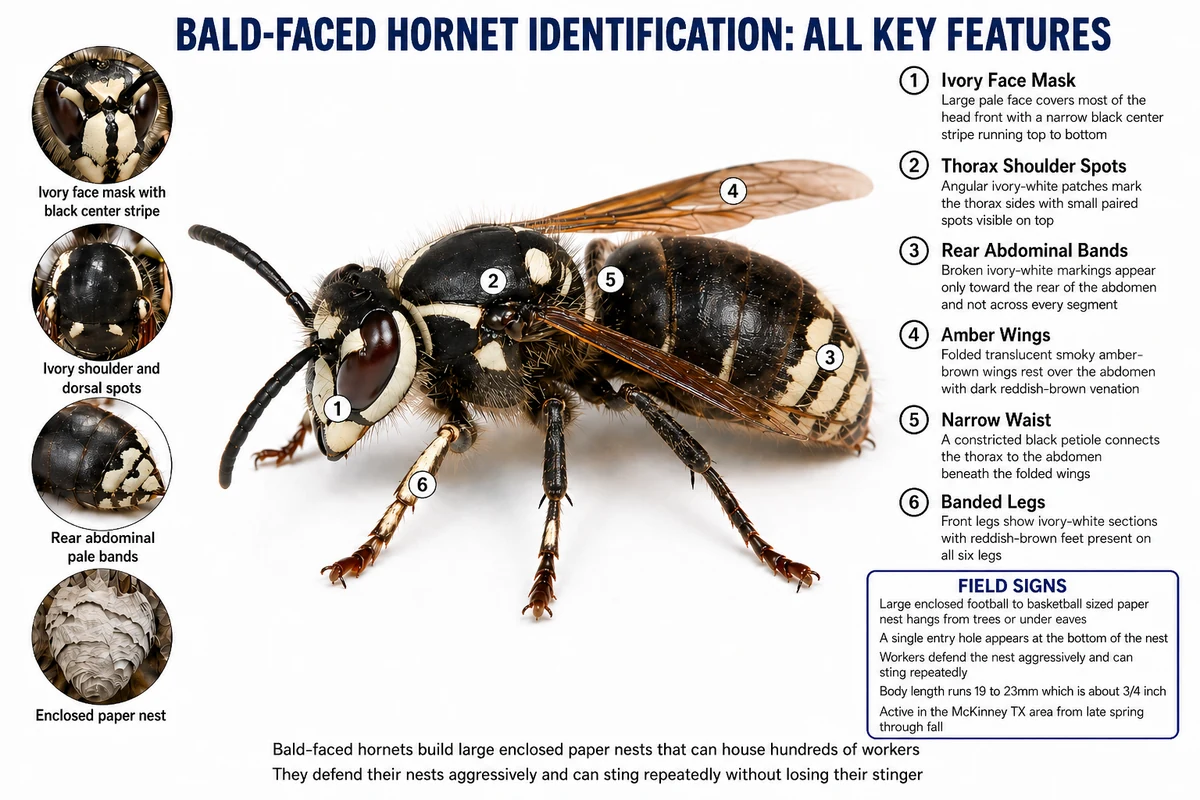 Annotated bald-faced hornet showing black body, white face markings, heavy build, and enclosed gray paper nest