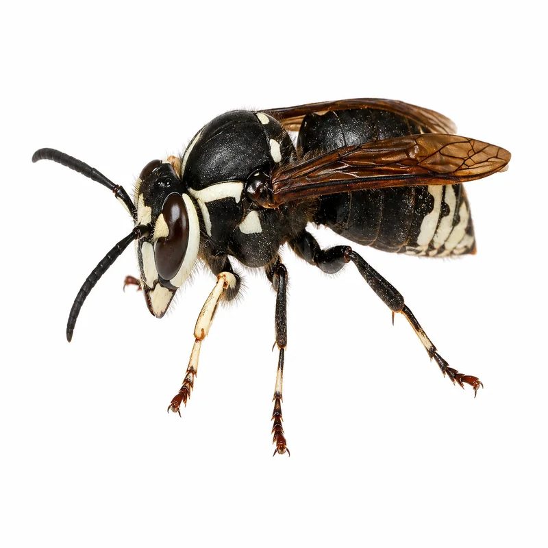 Bald-faced hornet worker showing black body with distinctive white facial markings