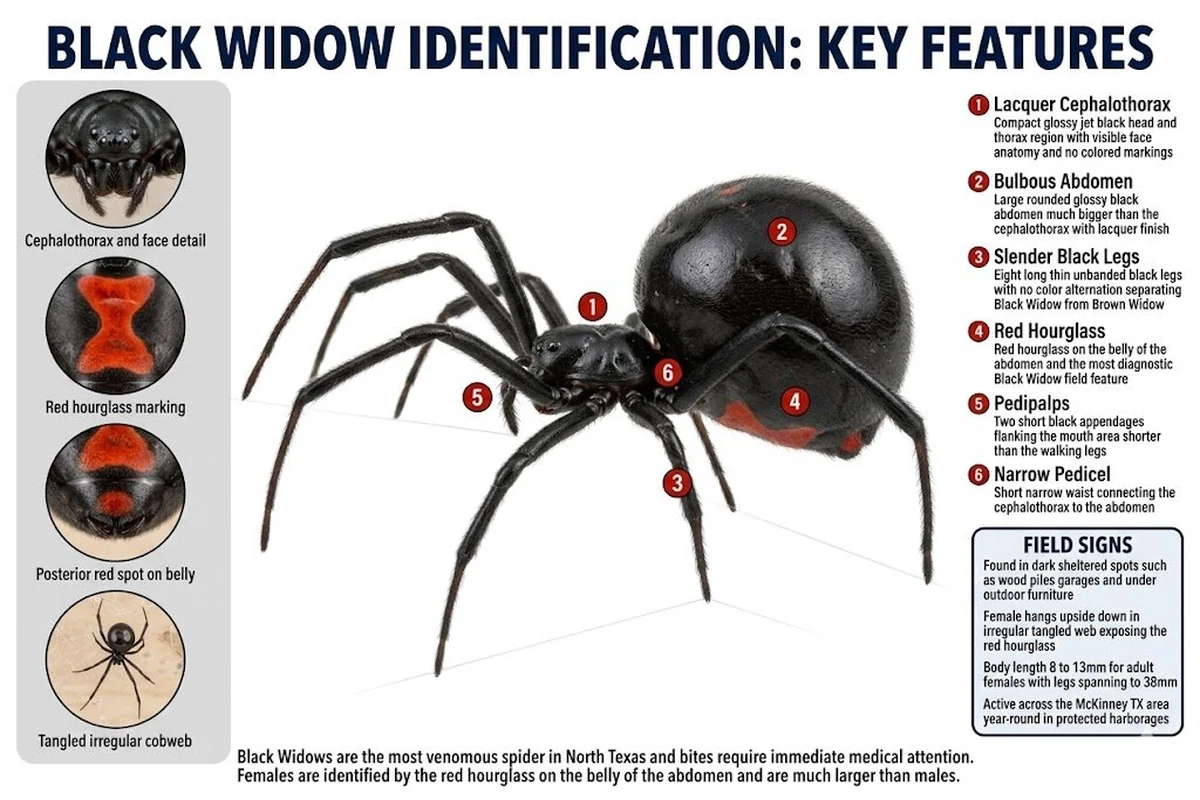 Black widow spider identification diagram with anatomical callouts