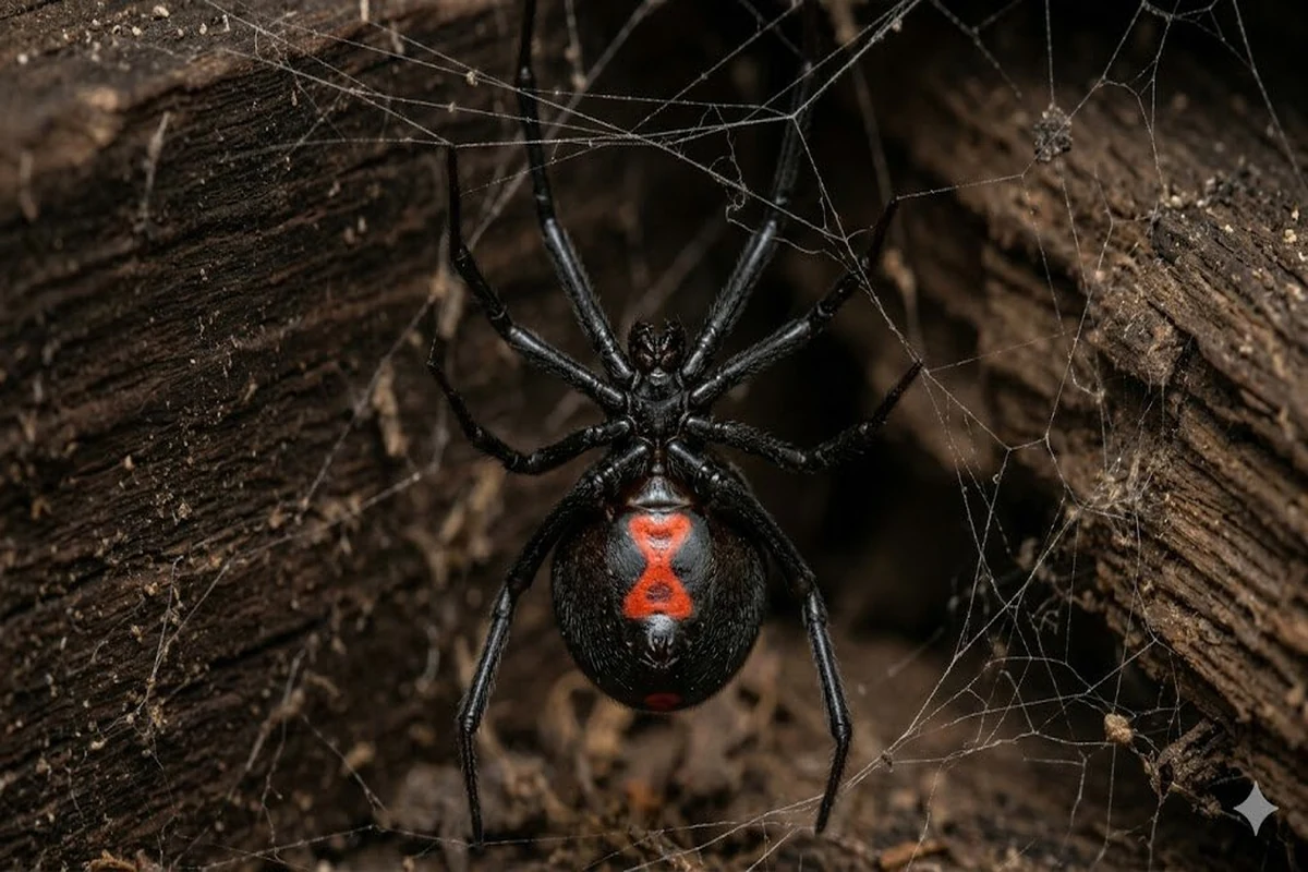 Black widow spider hanging upside down in web showing red hourglass marking