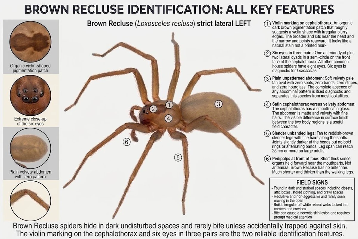 Brown recluse spider identification diagram with anatomical callouts