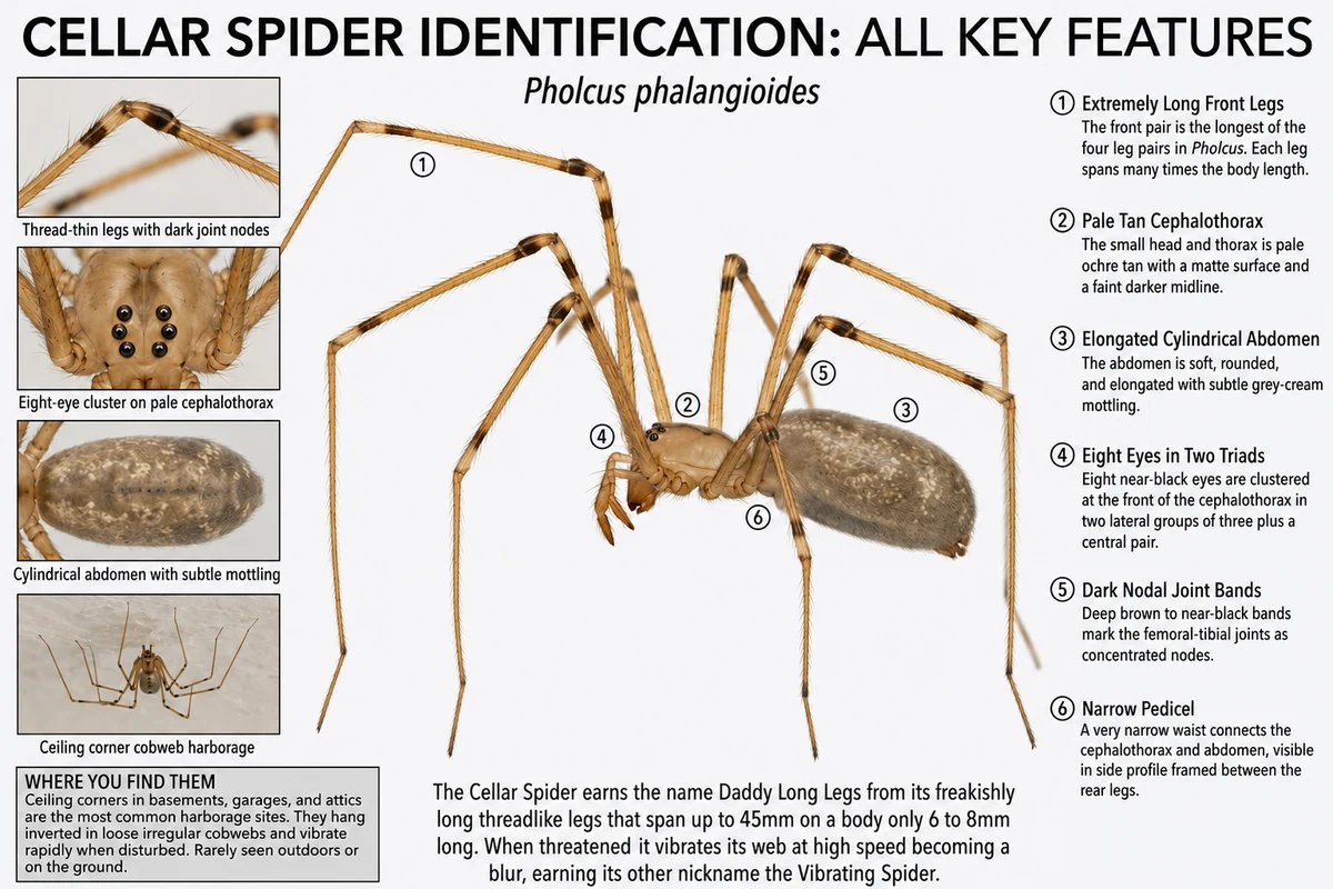 Cellar spider identification diagram with anatomical callouts