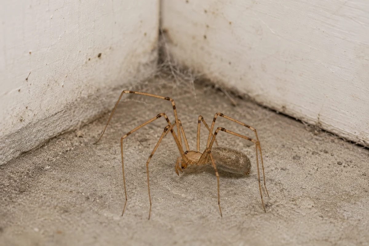 Cellar spider hanging in loose cobweb in garage corner showing long thin legs and small pale body