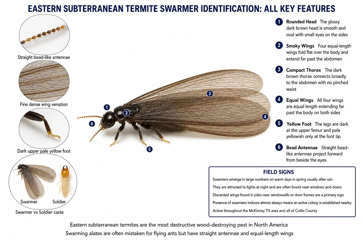 Eastern subterranean termite caste comparison: worker, soldier, and swarmer labeled side by side