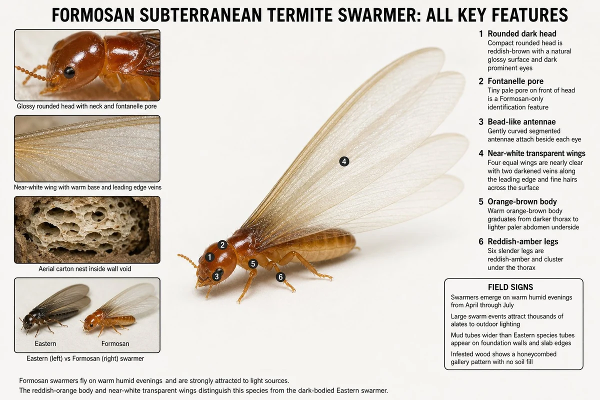 Formosan subterranean termite soldier head comparison: rounded teardrop Formosan soldier vs rectangular Eastern soldier labeled side by side
