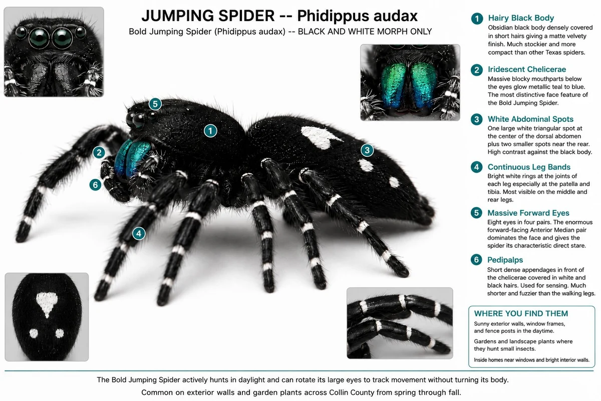 Jumping spider identification diagram with eye arrangement, chelicerae, and body marking callouts
