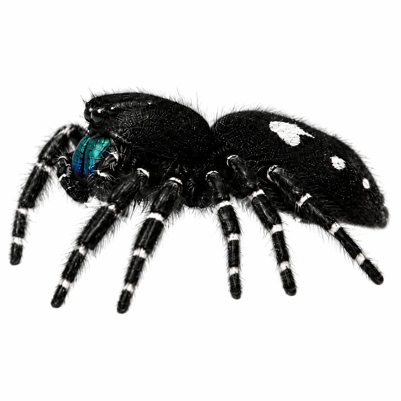 Bold jumping spider specimen showing large anterior median eyes, black body with white spots, and metallic green chelicerae