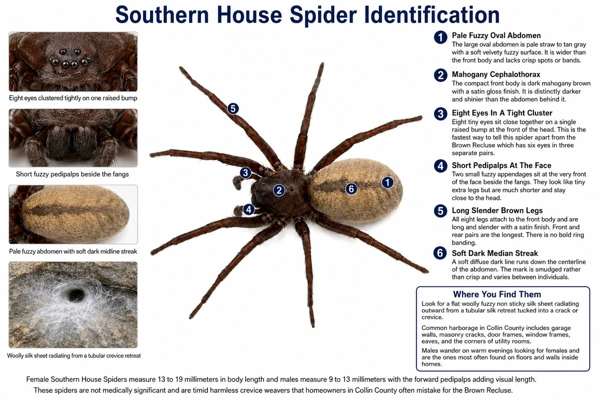 Southern house spider identification diagram showing male and female differences with anatomical callouts
