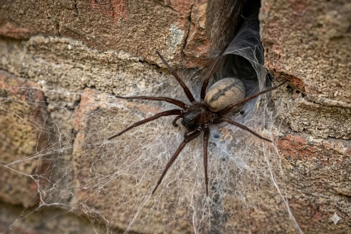 Southern house spider in woolly crevice web on garage wall showing dark charcoal female body