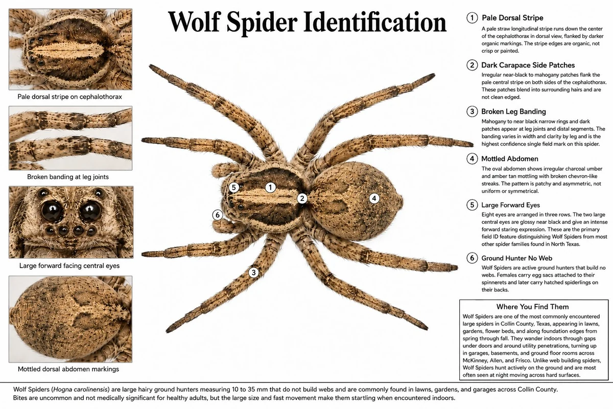Wolf spider identification diagram with anatomical callouts