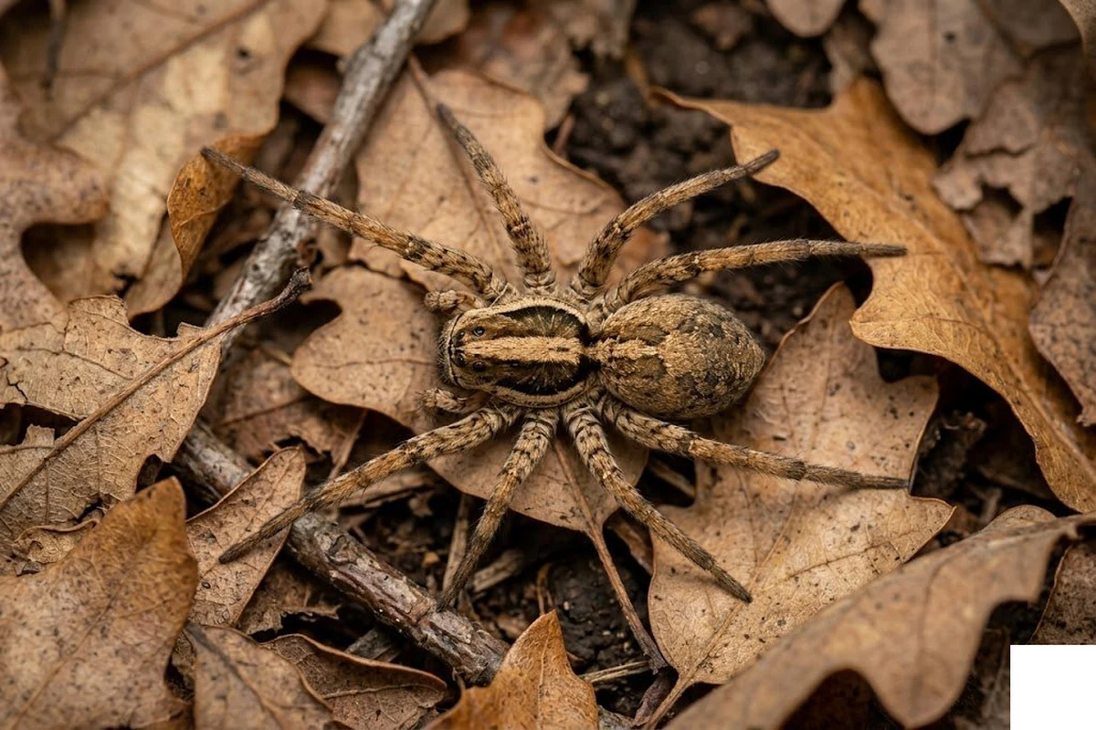 Wolf spider on garage floor showing large hairy body and striped cephalothorax