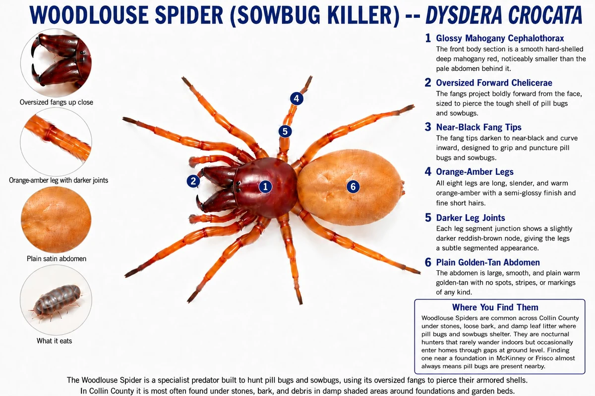 Woodlouse spider identification diagram showing reddish-orange cephalothorax, pale abdomen, oversized chelicerae, and six-eye oval cluster