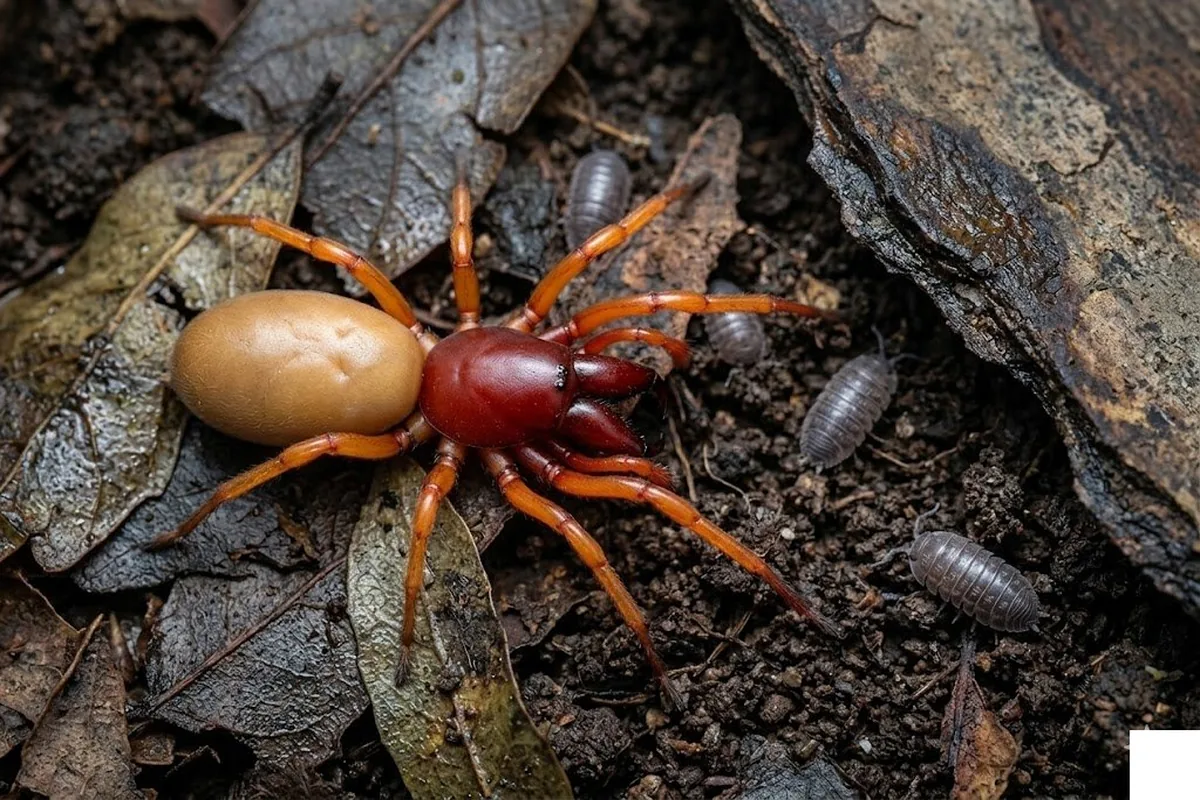 Woodlouse spider showing vivid reddish-orange cephalothorax, pale abdomen, and forward-projecting oversized chelicerae on patio flagstone