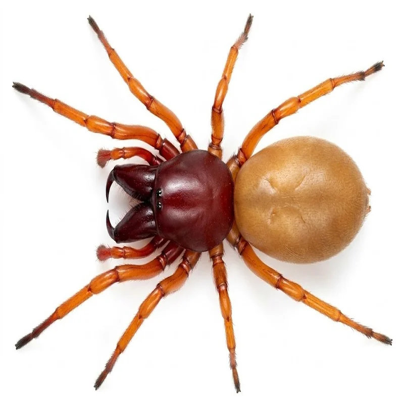 Woodlouse spider specimen showing reddish-orange cephalothorax, pale abdomen, and oversized forward-projecting chelicerae