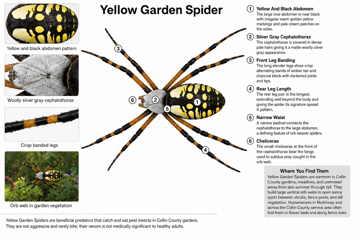 Yellow garden spider identification diagram showing stabilimentum zigzag, X-pose, and color pattern