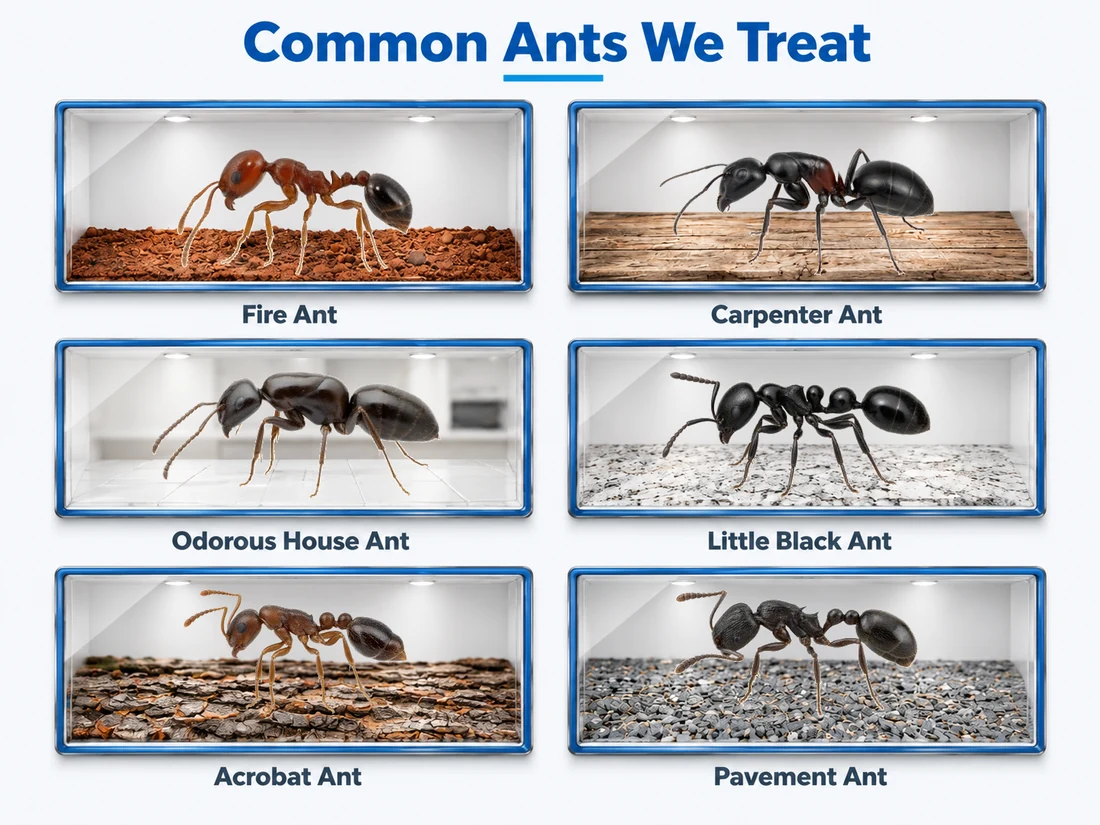 Common ants we treat in McKinney TX: fire ant on soil, carpenter ant on wood, odorous house ant on tile, little black ant on granite, acrobat ant on bark, and pavement ant on gravel