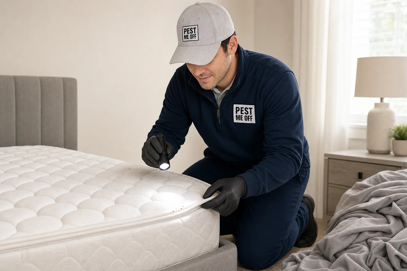Pest Me Off bed bug technician inspecting a bare mattress seam with a flashlight in a McKinney TX bedroom