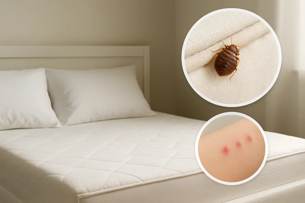 A bed bug on a mattress seam and bed bug bites on a person's skin, the most common signs of bed bugs