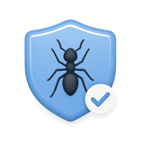 Blue shield badge with ant and checkmark - one-time targeted treatment