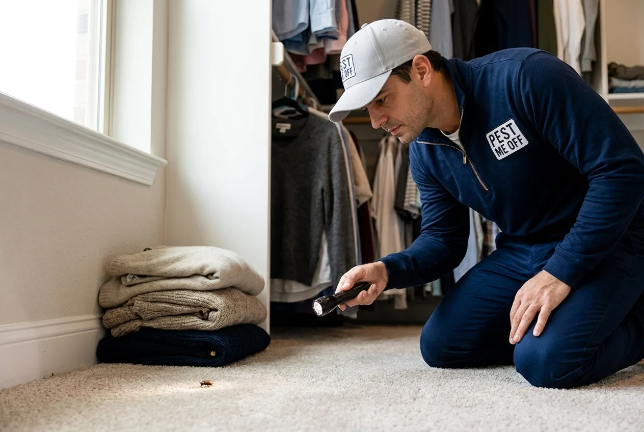 Pest Me Off technician inspecting a closet carpet near stored wool for carpet beetles in a McKinney TX home