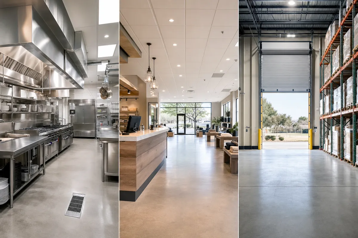 Three commercial settings Pest Me Off protects in McKinney TX: a restaurant kitchen, a retail and office space, and a warehouse loading dock