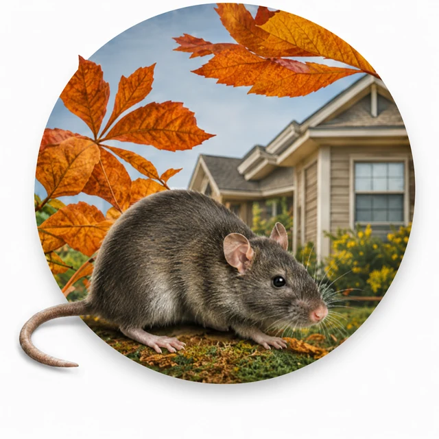 Pest Control Prosper, TX 39 Fall pest activity in Prosper TX: a rodent moving toward a home as the leaves turn
