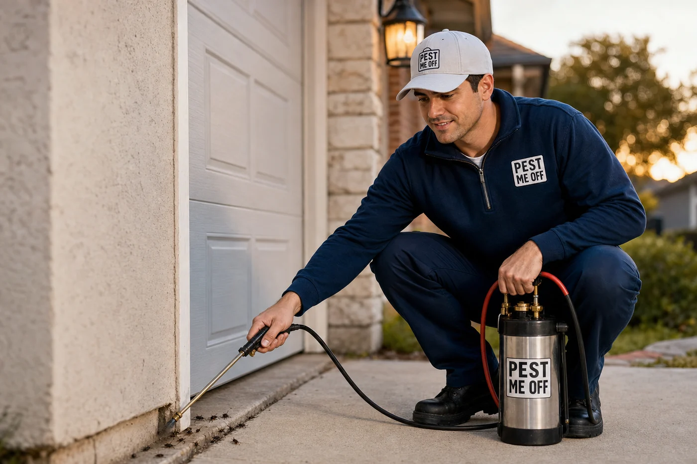 Pest Me Off technician treating a garage threshold and foundation for crickets at a McKinney TX home