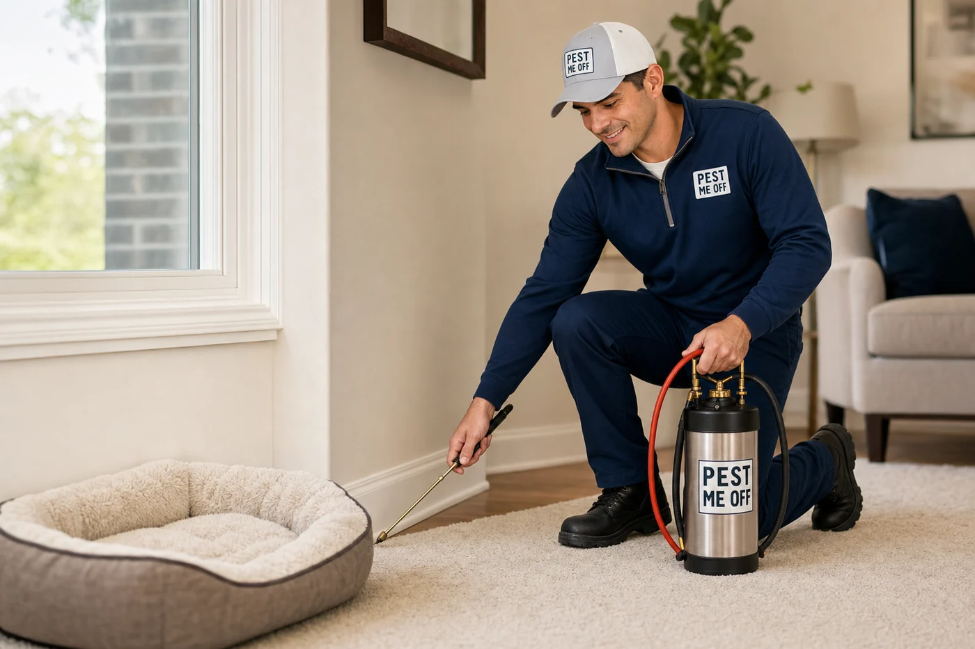 Fleas & Ticks 1 Pest Me Off technician treating carpet along a baseboard beside a pet bed for fleas and ticks in a McKinney TX home