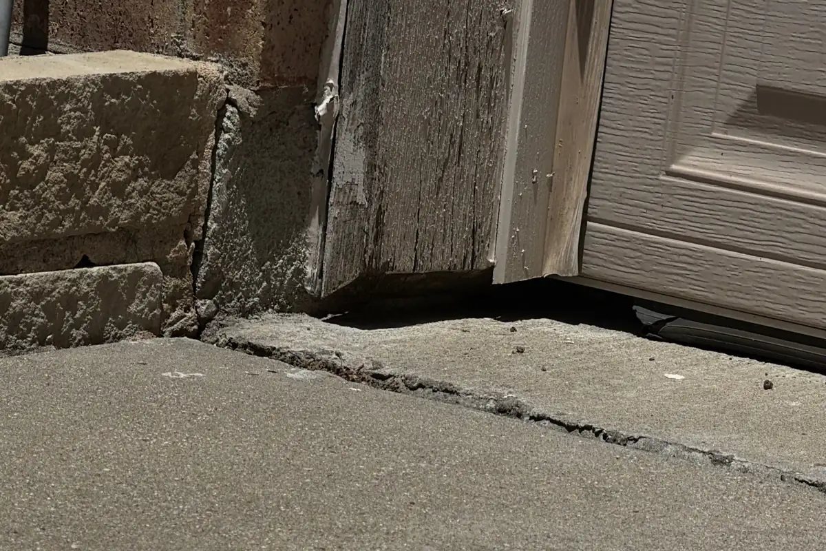 Pest Control Little Elm, TX 14 Daylight gap at a garage-door corner found on a Pest Me Off job in McKinney, TX