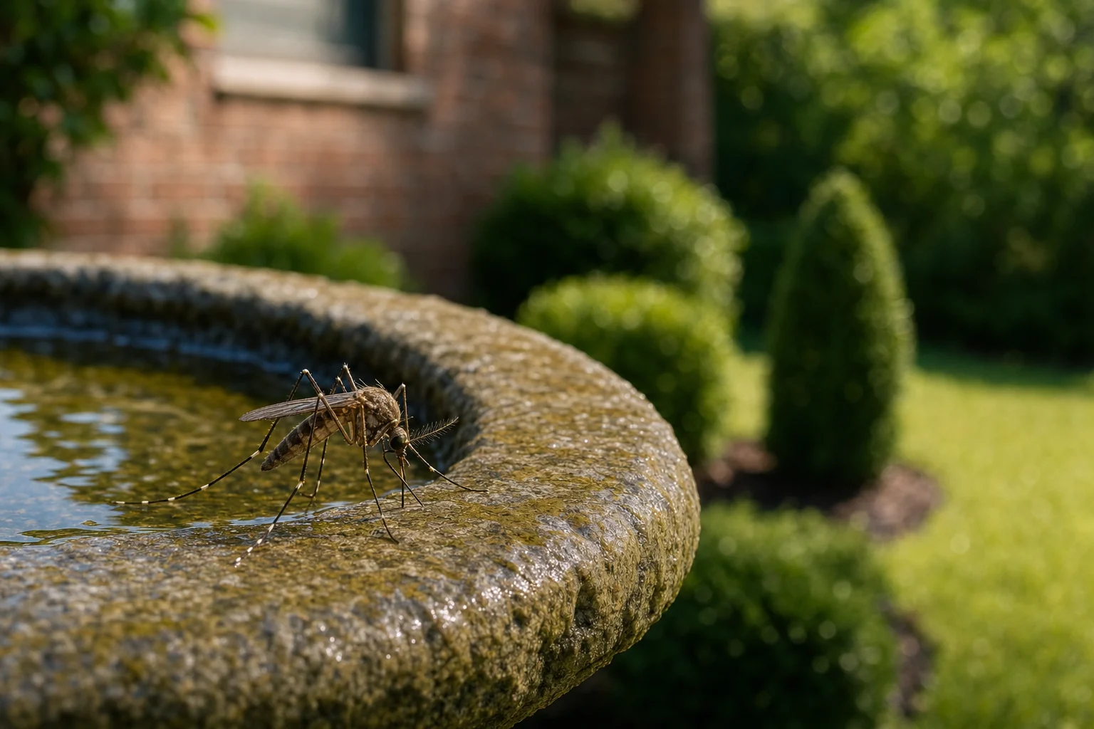 A mosquito on the rim of a backyard birdbath holding standing water at a McKinney TX home
